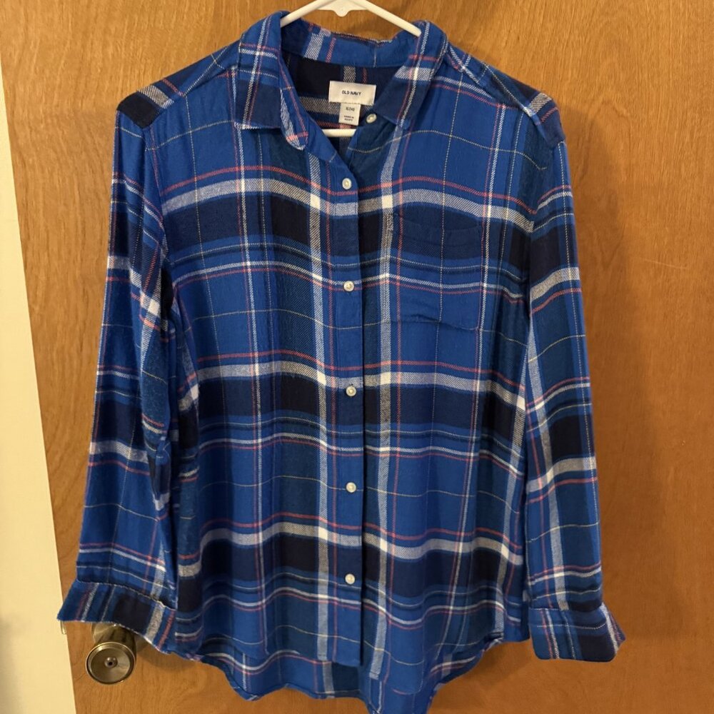 Old Navy Flannel Shirt Girls Size XL (14) Blue Plaid Tunic Length Long Sleeve